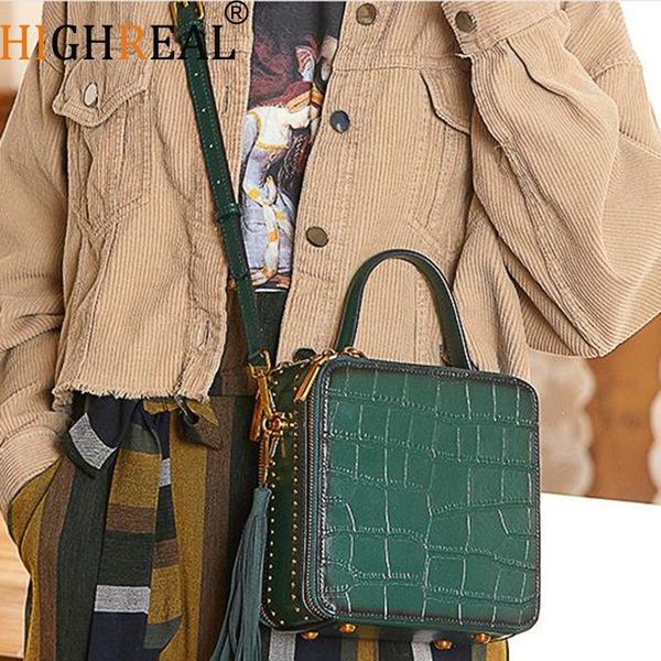 highreal genuine leather women handbag crocodile pattern bag female shoulder bag with tassel ladies messenger drop shipping
